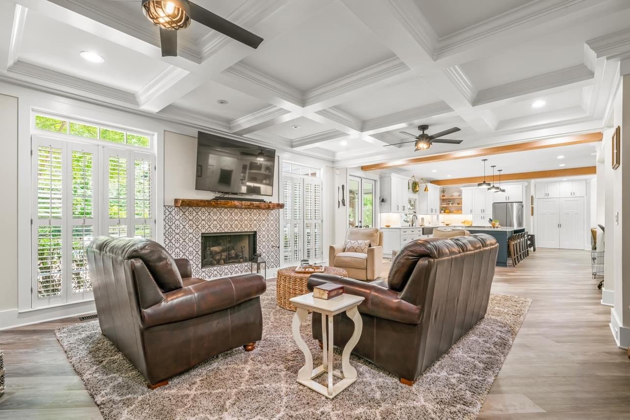 Coffered ceiling family room renovation by GHIR Construction, general contractor in Alpharetta, GA